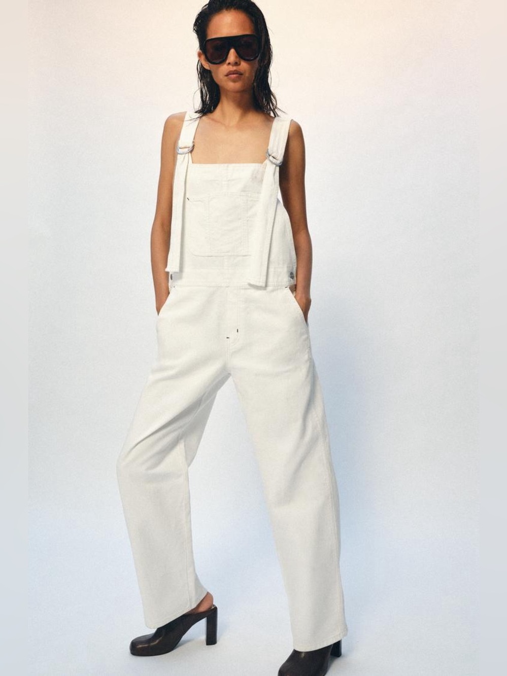 NWT. Zara White Denim Strappy Long Jumpsuit Size S.